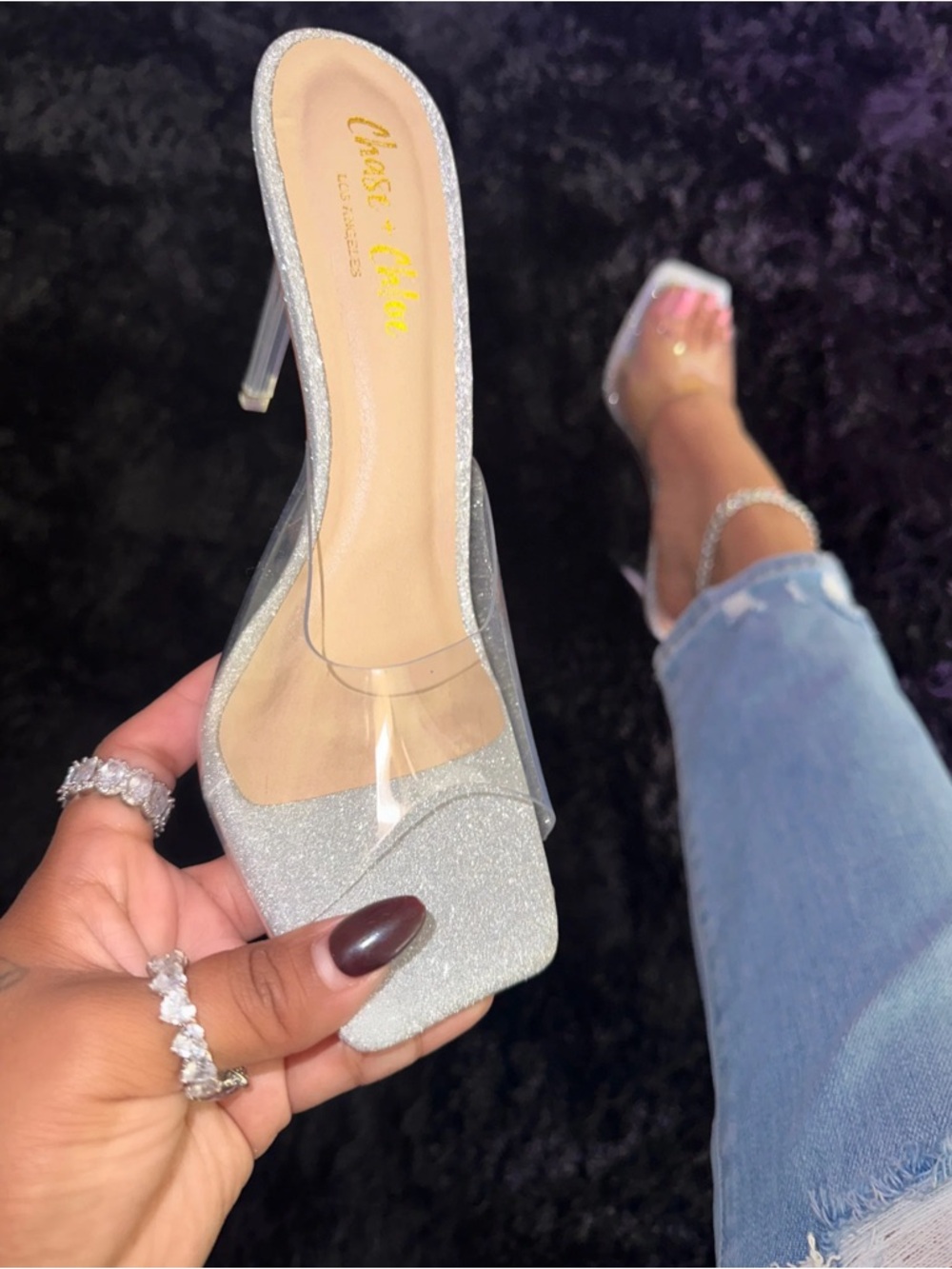 Chase + Chloe Silver Glitter Clear Strap Stiletto Mules